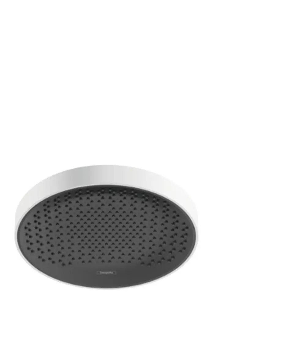 Runde Kopfbrause in mattem Weiß mit gleichmäßig angeordneten Wasseröffnungen, gefertigt von Hansgrohe.